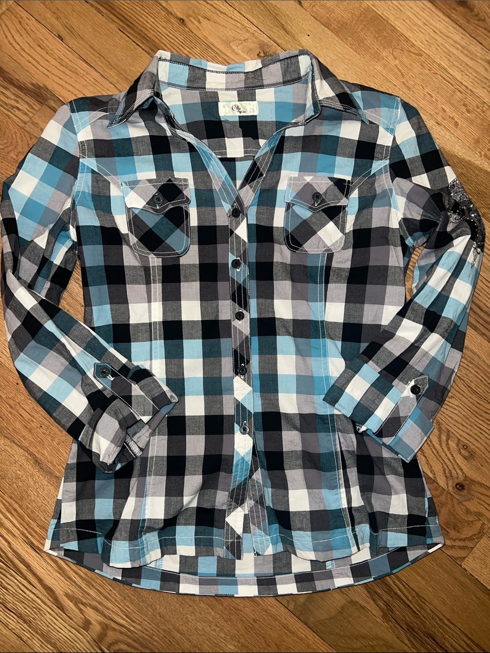 Cello Blue Black White Plaid Button-Down Shirt Vintage Size Large